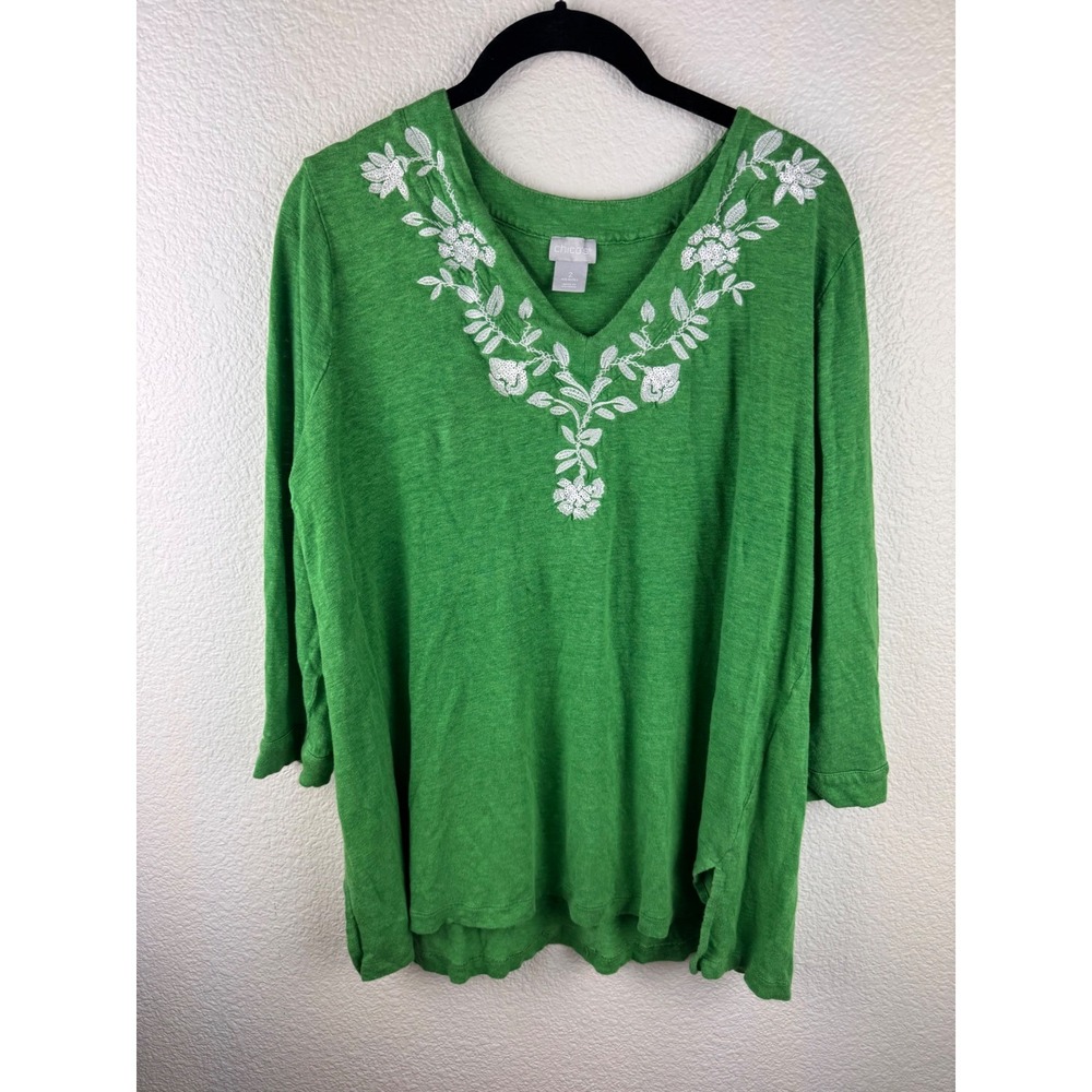 Chicos Green Embroidered V Neck Tunic Top Women Size 2 Large 3/4 Sleeve Casual